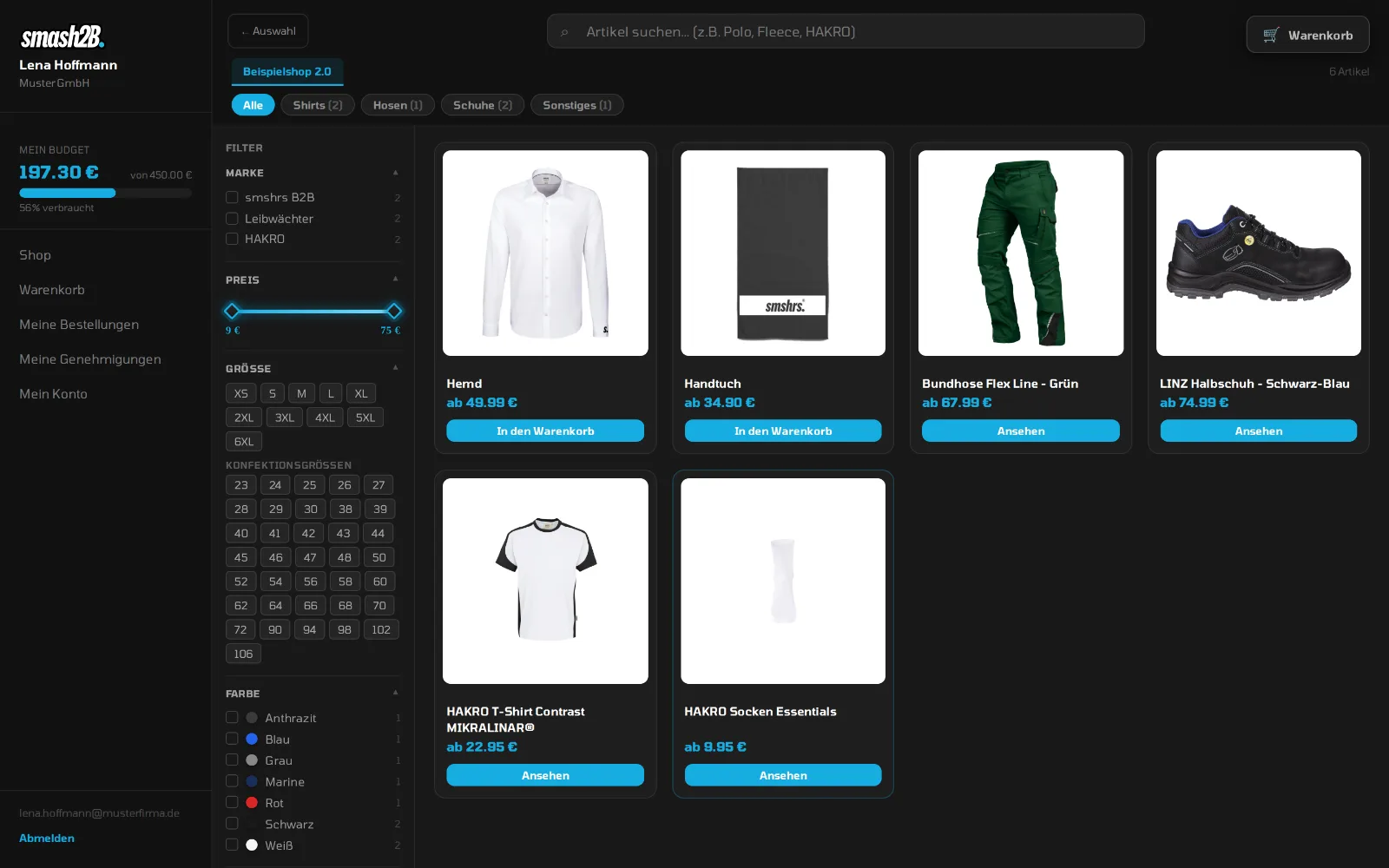 Mitarbeiter-Portal: Shop mit freigegebener Arbeitskleidung und persönlichem Budget